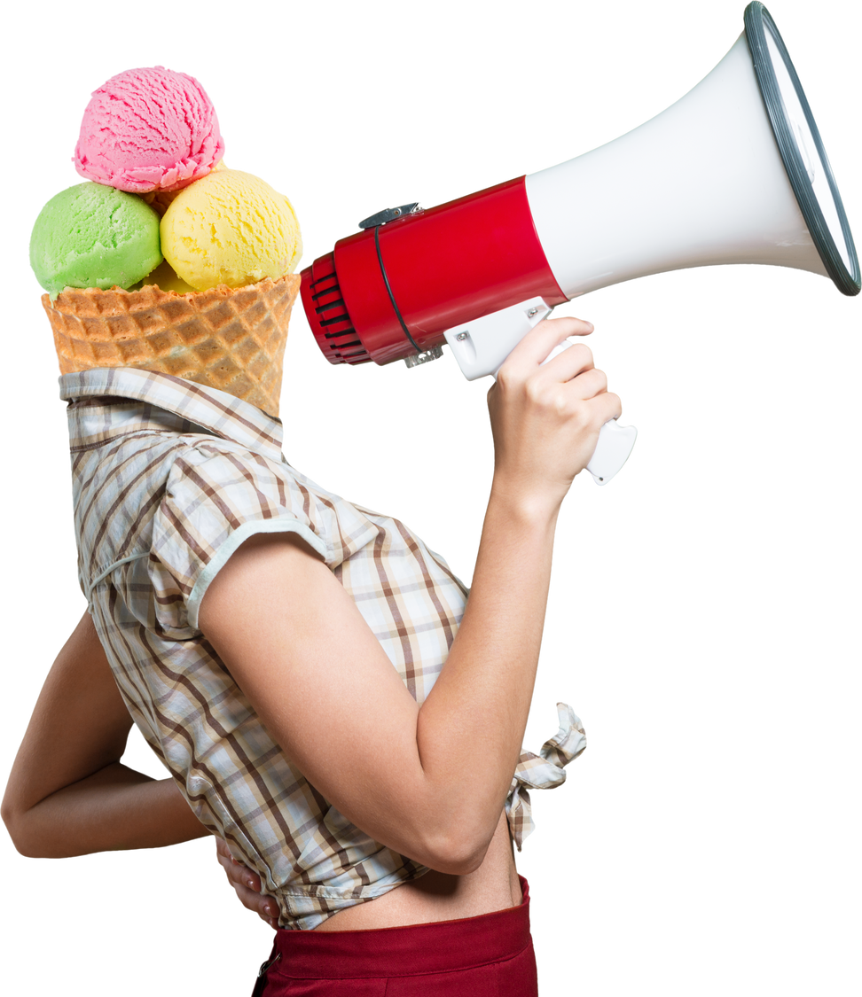 Close Up of Person with Ice Cream Head and Megaphone